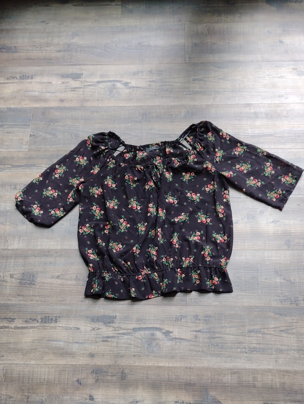 Guess Black Floral Peasant Blouse